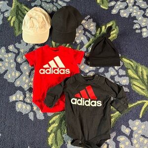 Adidas Kids Bodysuit Set - Red & Black Boys Onesie With Hats Cotton 3 months